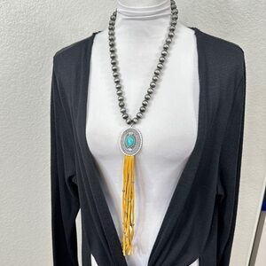 Cowgirl Confetti Turquoise and Orange Leather Navajo Beaded Necklace - worn once